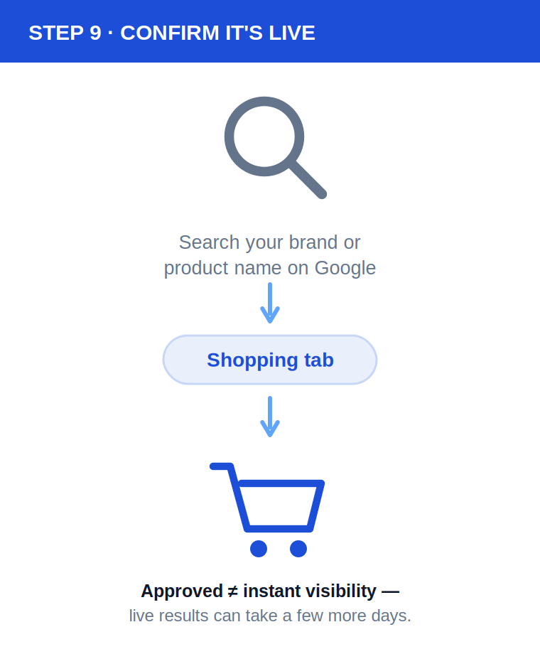 Diagram showing a search icon leading to the Shopping tab, leading to a shopping cart icon, with the note that approved does not mean instant visibility