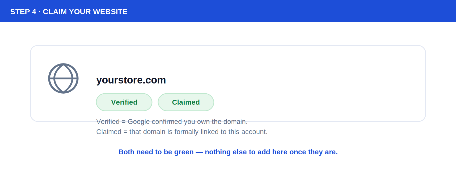 Mockup of a Merchant Center business info screen showing a website with two green badges: Verified and Claimed