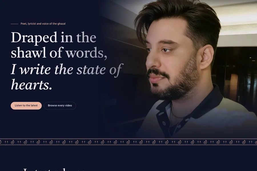 K Karan Music website home page with the poet and ghazal artist K Karan, designed and developed by Apensia