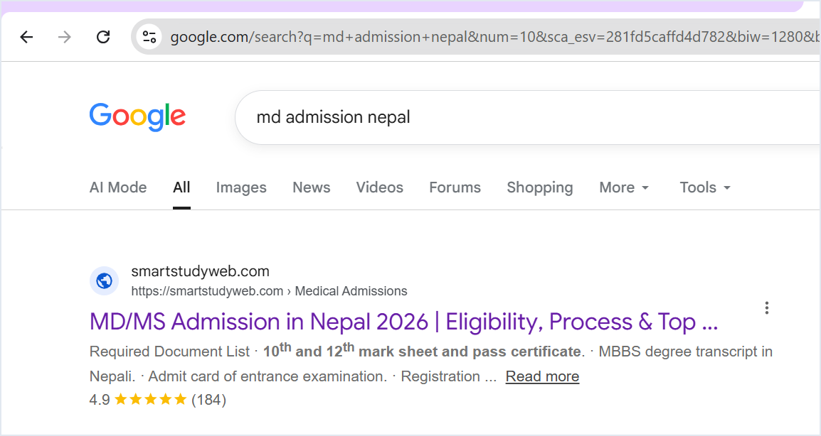 Google search for "md admission nepal" showing smartstudyweb.com ranking as the first organic result
