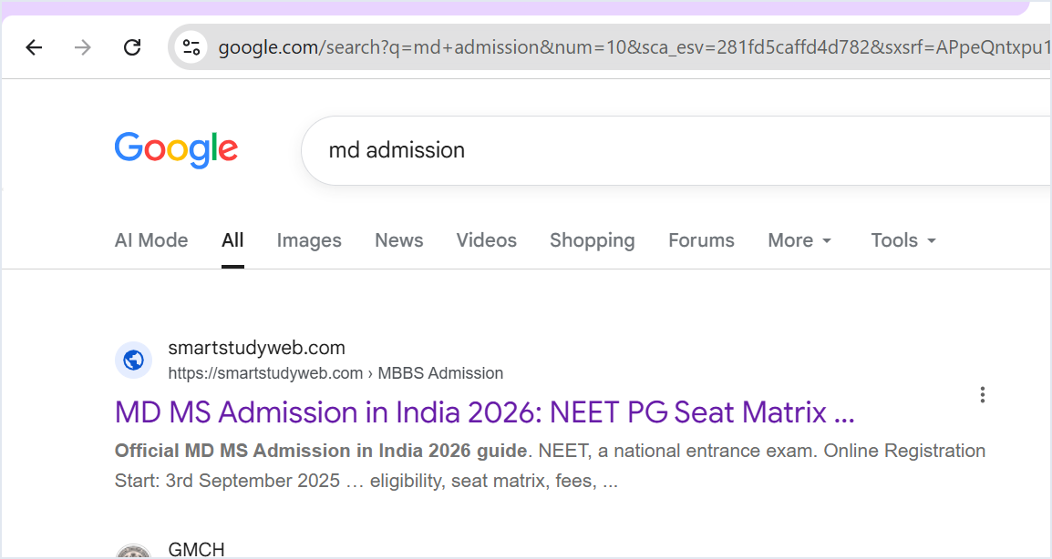Google search for "md admission" showing smartstudyweb.com ranking as the first organic result