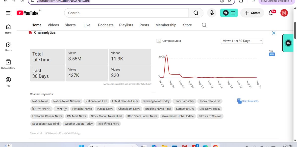 Nation News Network YouTube Channelytics dashboard showing 3.55M lifetime views and 427K views in the last 30 days