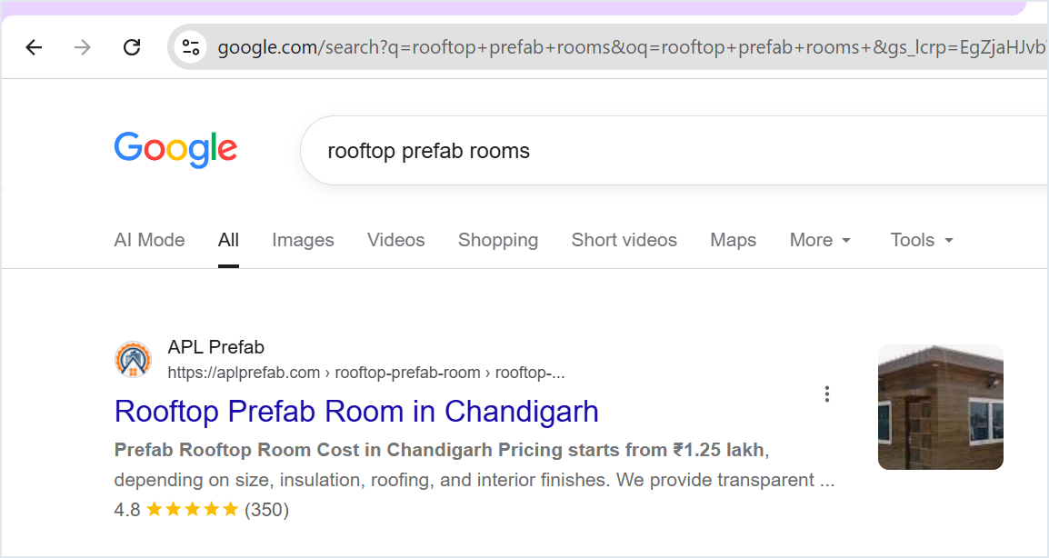 Google search for "rooftop prefab rooms" showing APL Prefab ranking as the first organic result