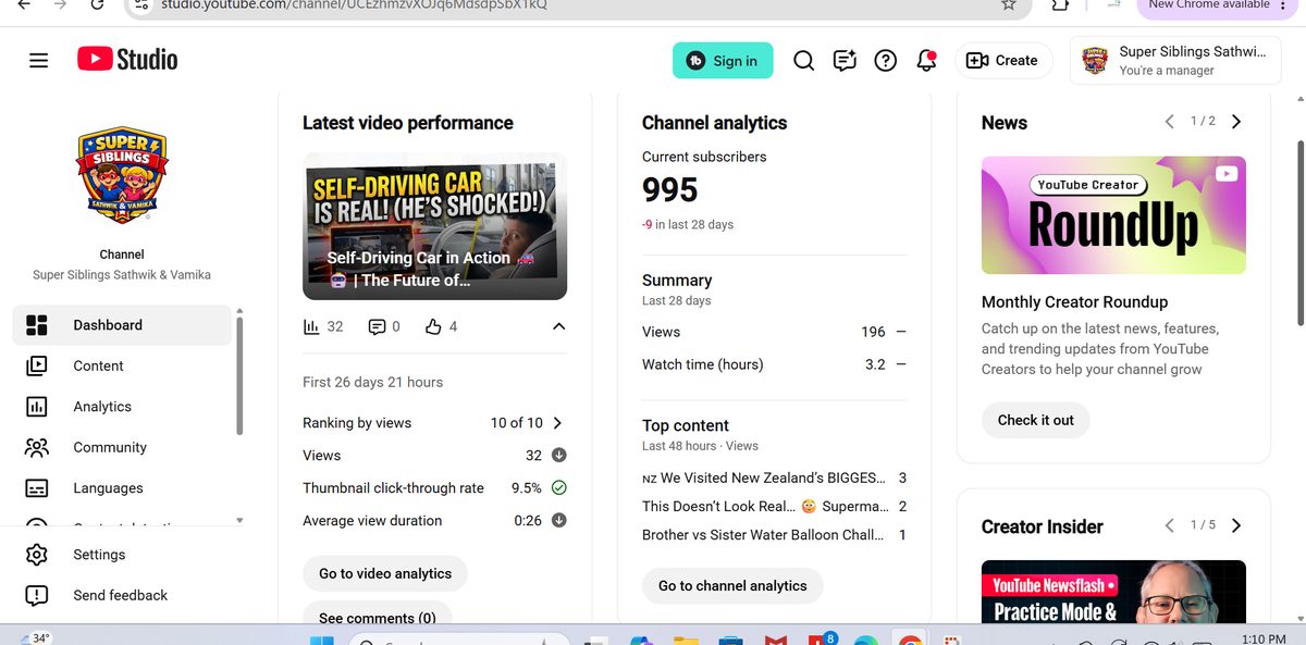 Super Siblings Sathwik and Vamika YouTube Studio dashboard showing 995 current subscribers and 3.2 watch time hours