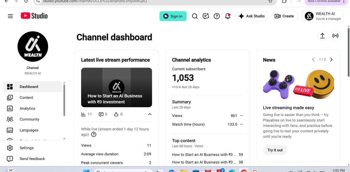 WEALTH AI YouTube Studio dashboard showing 1,053 current subscribers and 133 watch time hours