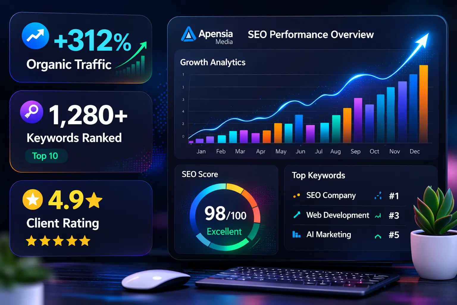 SEO analytics dashboard showing traffic and keyword growth